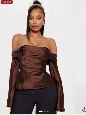 Fashion Nova Brown Satin Off-Shoulder Peplum Top